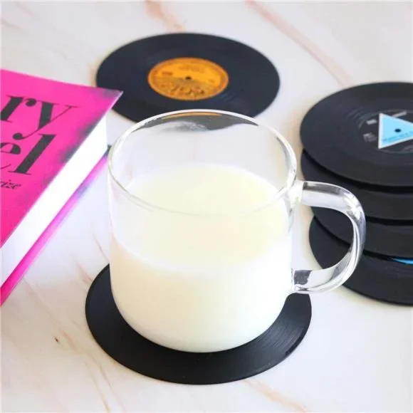 Retro Vinyl Record Coasters with Vinyl Record Player Holder - Set of 6 - Picture 2 of 4
